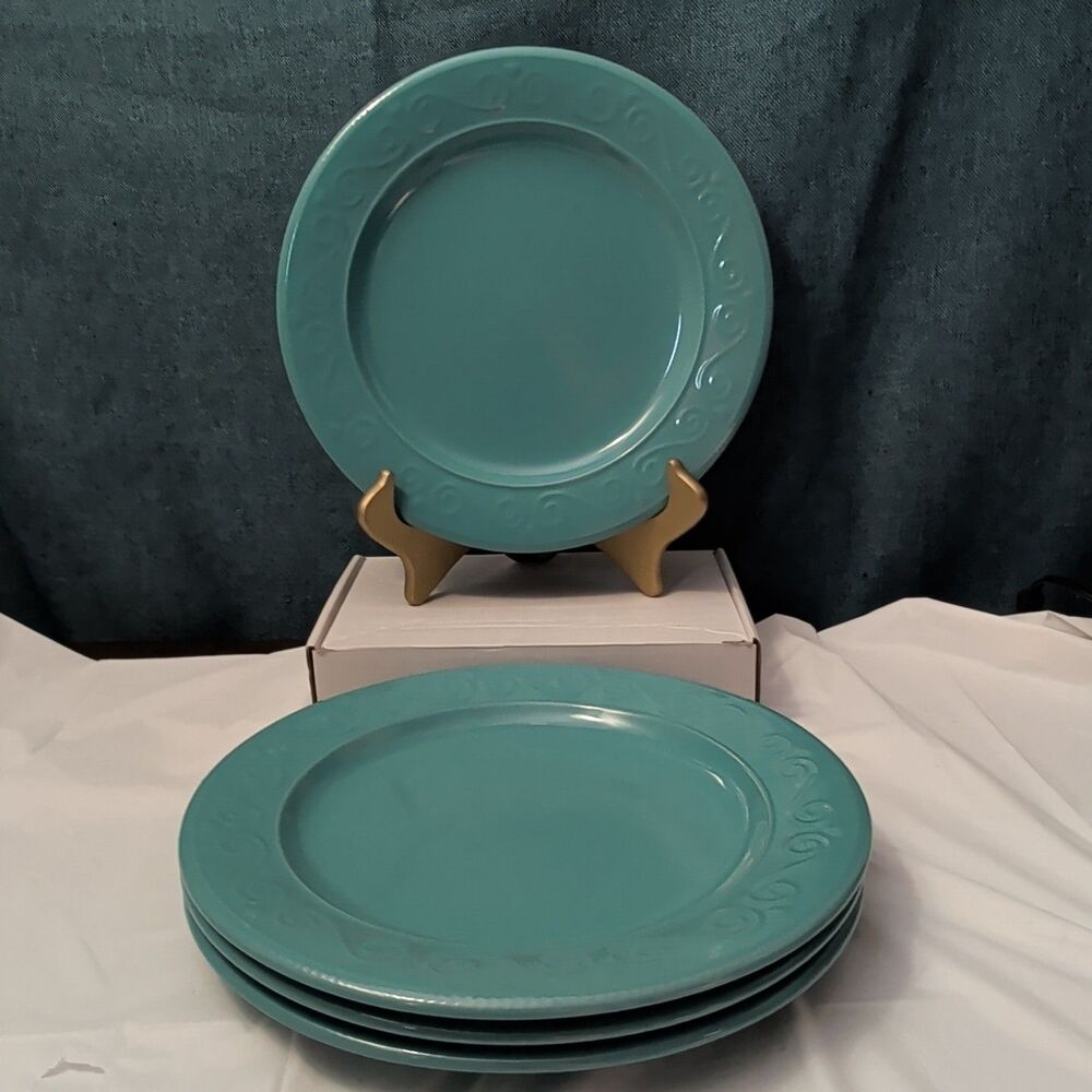 Set of 4 Royal Norfolk Dinner Plates Turquoise Teal Blue Scrolls Rim 10.5" - Picture 9 of 16